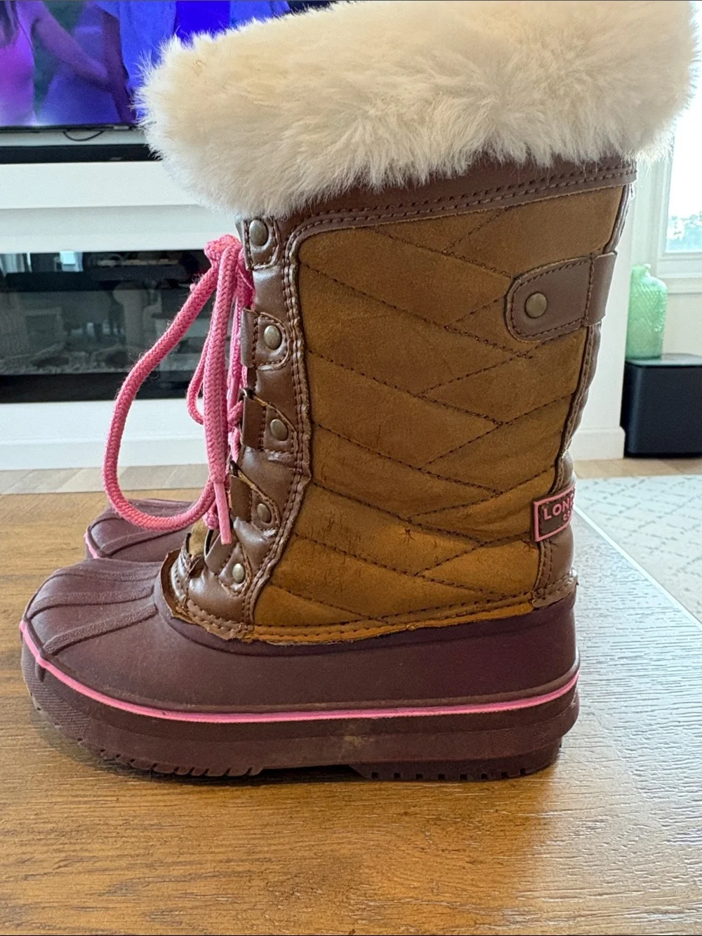 London Fog Brown Winter Duck Boots with Pink Laces and Trim